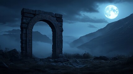 Stone Archway Under a Full Moon A mysterious portal stands against a backdrop of misty mountains and a luminous moon