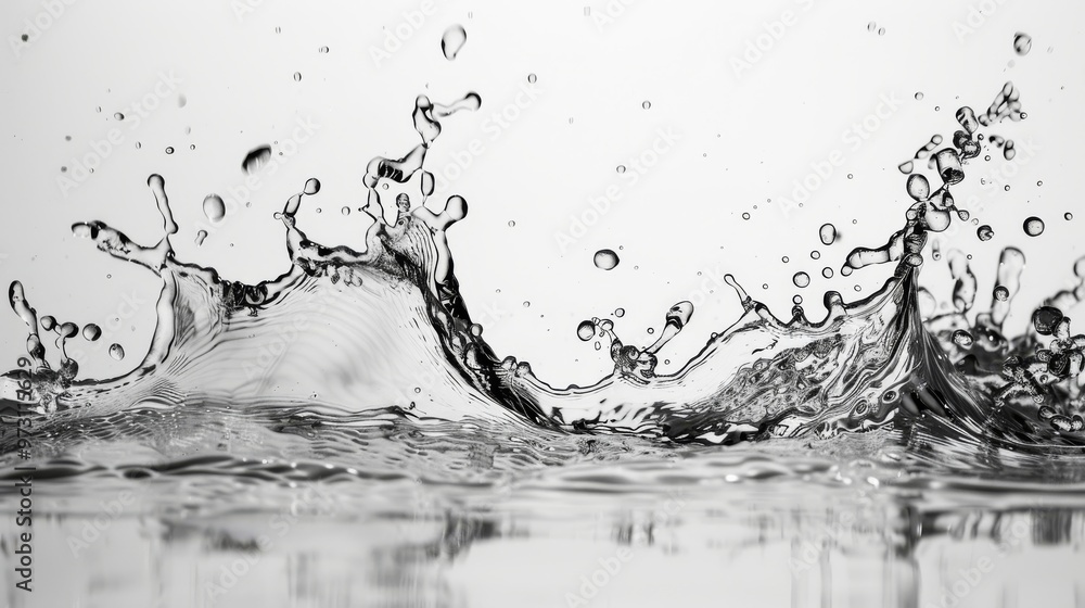 Poster Close-up of water splash creating a wave-like pattern, frozen in time, clean white background, Close-up photo with clean background