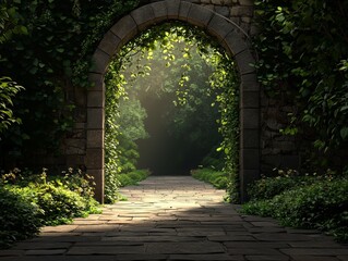 Stone Archway Leading to a Sunlit Path Through a Lush Garden Perspective Low Angle Composition Rule of Thirds Image Details Stone archway ivycovered wall cobblestone path sun rays