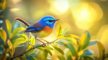 Fototapeta premium A vibrant blue and orange Superb Fairy-wren bird perched on the edge of an elegant