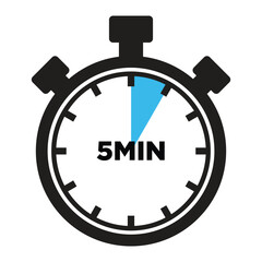 5 Minutes Timer Icon, Modern Flat Design. Clock, Stopwatch, Chronometer Showing five Minutes Label. Cooking time, Countdown Indication.