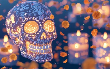 A brightly colored sugar skull adorned with intricate patterns, surrounded by glowing candles and vibrant flower petals.