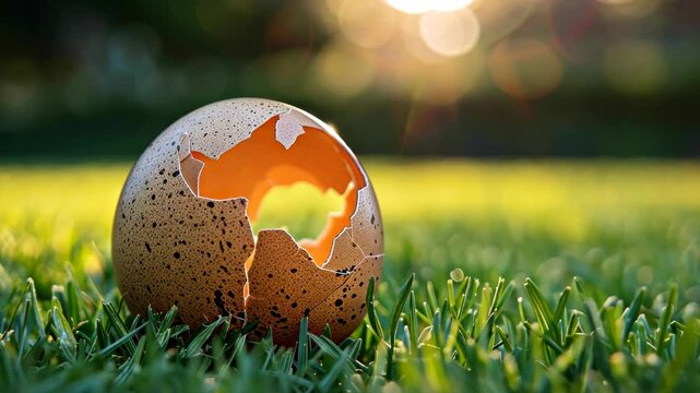 Cracked eggshell on grass in sunset setting showing life beginning in an outdoor habitat