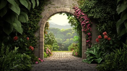 Fototapeta premium A Lush Garden Gateway Stone Archway Opens to Distant Hills Cobblestones Leading Through Verdant Foliage and Pink Flowers