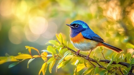 A vibrant blue and orange Superb Fairy-wren bird perched on the edge of an elegant