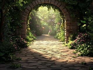 Sunlit Stone Path Through an Enchanting Archway Lush Greenery Perspective From Below