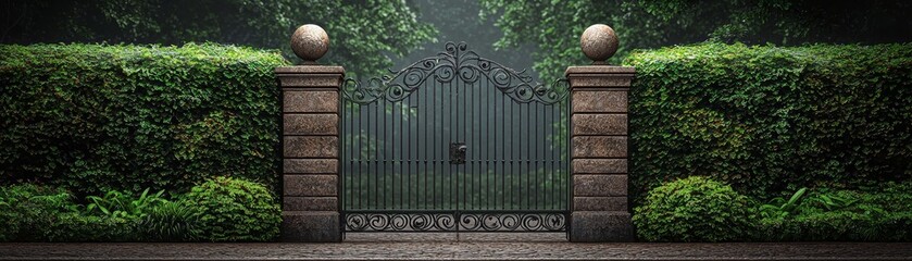 Obraz premium Ornate Iron Gate Framed by Lush Greenery Low Angle Perspective Stone Pillars with Spherical Finials Foggy Background Entrance to Mystery