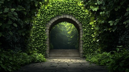 Stone Archway Lush Green Vines Mysterious Forest Path Tranquil Composition Sunlight Dappled Through Foliage