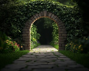 Stone Archway Pathway Through Lush Greenery Low Angle Perspective Sunlight Illuminates the Path Hidden Garden Secret