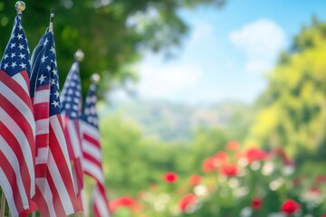 American Flags with Blurred Sky Background and Copy Space Patriotic Stock Photo with generative ai