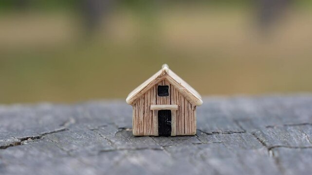 Hand scatters miniature stacks of dollar and euro bills on a wooden house model placed on a tree stump in the forest, symbolizing investment in a country home.