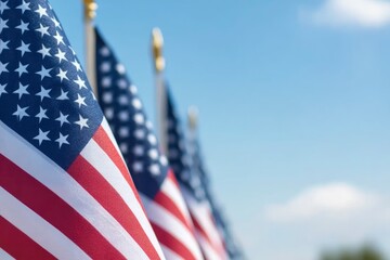 American Flags with Blurred Sky Background and Copy Space Patriotic Stock Photo with generative ai