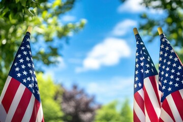 American Flags with Blurred Sky Background and Copy Space Patriotic Stock Photo with generative ai