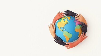Diverse hands forming a circle around the Earth, inclusion theme, flat design illustration