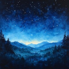 Fototapeta premium Watercolor Night Sky with Mountains and Stars
