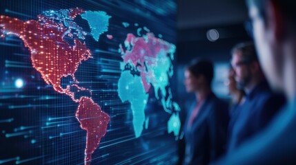 A global team of diverse workers in a modern office, collaborating on a futuristic holographic world map, neon lights, futuristic style, high contrast.
