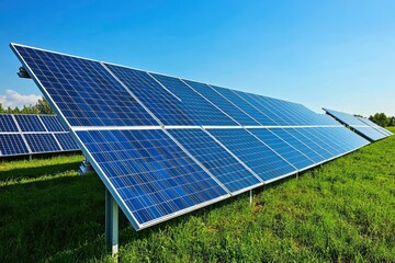 Array Of Solar Panels With Blue Sky And Sunlight Reflection- Clean Energy Concept with generative ai