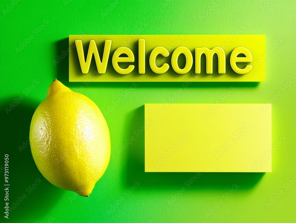Aufkleber vibrant lemon welcome sign on lime green background – bright and inviting atmosphere