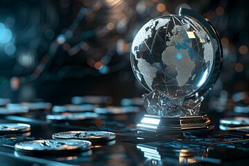 Crystal Globe With World Map Over Cryptocurrency Coins.