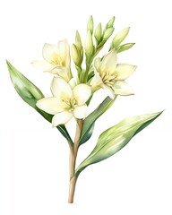 Obraz premium Delicate white flowers with green leaves on a white background.