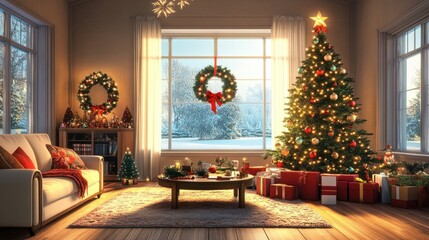 Christmas scene with tree and decorations, lights, balls, gifts in living room and window in center