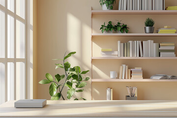 Office interior backdrop for online meetings. Light home office setting bookshelves background. Minimalist online workspace aesthetics. Video conferencing room design in pastel tones.