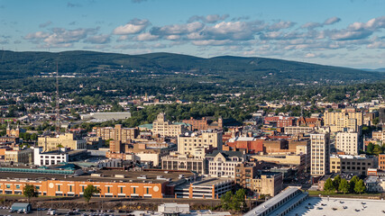 Late summer, early fall aerial, drone, photo of the Scranton Pennsylvania skyline.  September 2024.