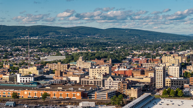 Late summer, early fall aerial, drone, photo of the Scranton Pennsylvania skyline.  September 2024.