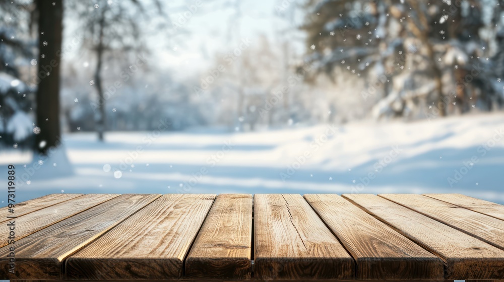 Poster empty wooden table in front of winter landscape blurred background with empty space