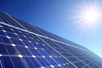 Array Of Solar Panels With Blue Sky And Sunlight Reflection- Clean Energy Concept with generative ai