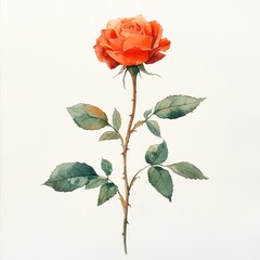 Fototapeta premium Watercolor Painting of a Single Orange Rose with Stem and Leaves