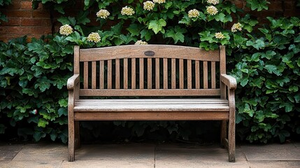 A weathered wooden bench in a botanical garden, overtaken by wild vines and blooming flowers wooden bench, botanical, rustic nature