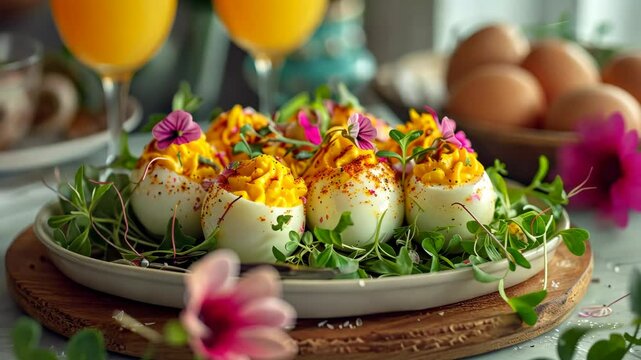 Delicious Easter breakfast ideas featuring deviled eggs and fresh floral garnishes