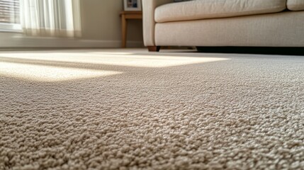 Close-up of a magnificent freshly cleaned beige carpet in a living room. Large beige carpet in an ordinary American living room.