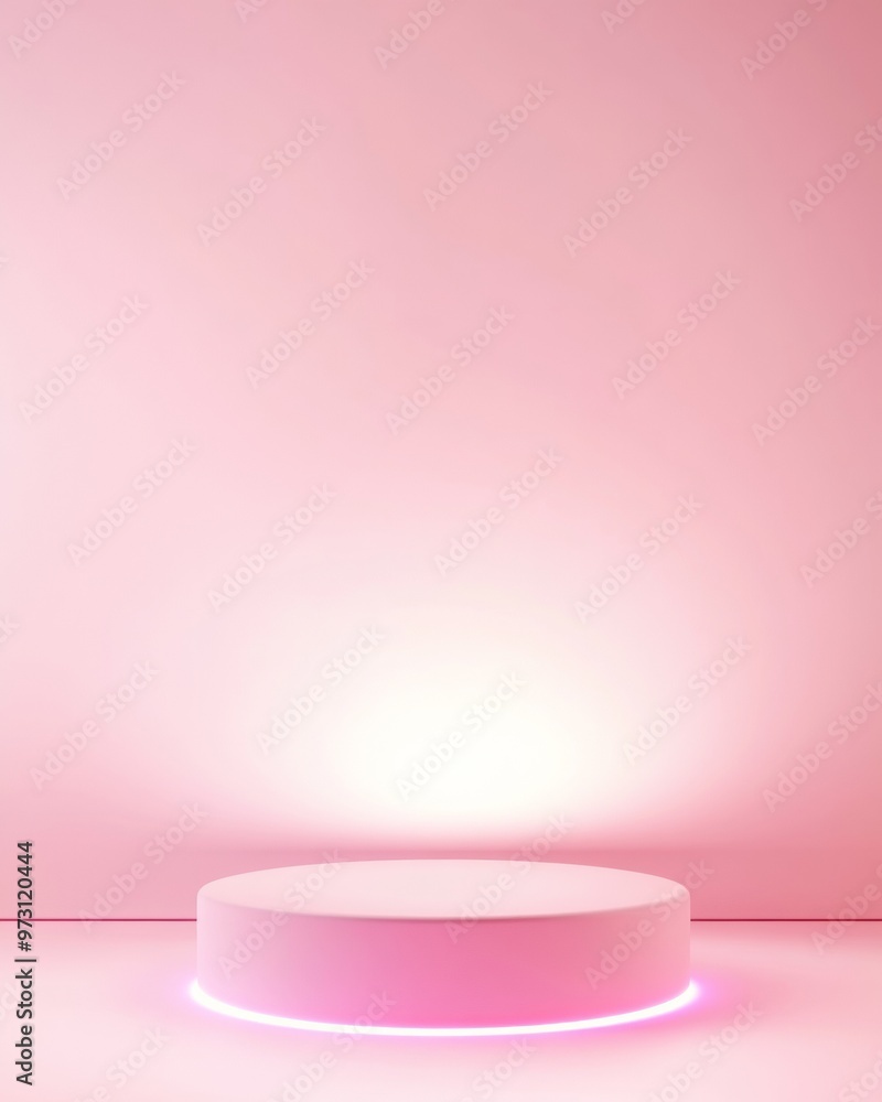 Poster neon pink textured podium on white background with soft neon glow and spotlight effect - minimalist 