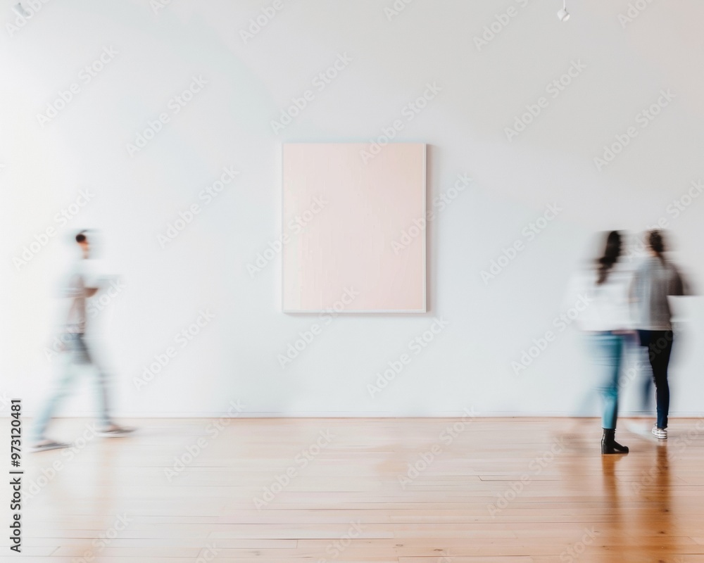 Aufkleber Modern Minimalist Interior with Empty Frame and Motion Blur of People Passing By - Soft Pastel Color Scheme