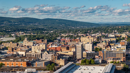 Late summer, early fall aerial, drone, photo of the Scranton Pennsylvania skyline.  September 2024.