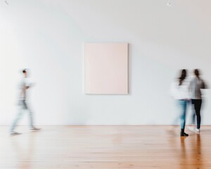 Modern Minimalist Interior with Empty Frame and Motion Blur of People Passing By - Soft Pastel Color Scheme