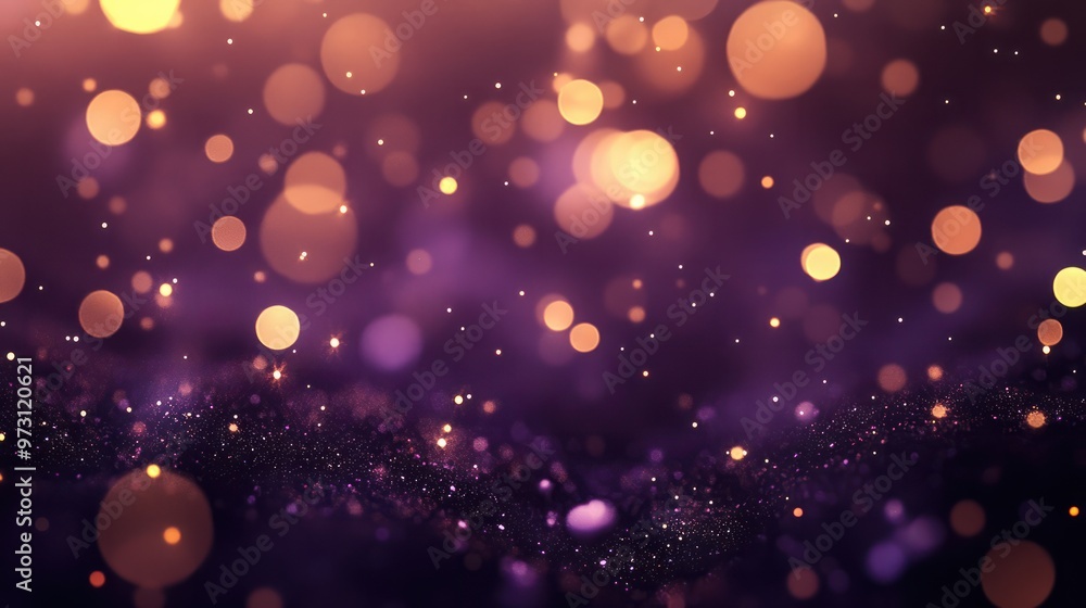 Poster gold and dark violet fireworks and bokeh in new year eve and copy space. abstract background holiday