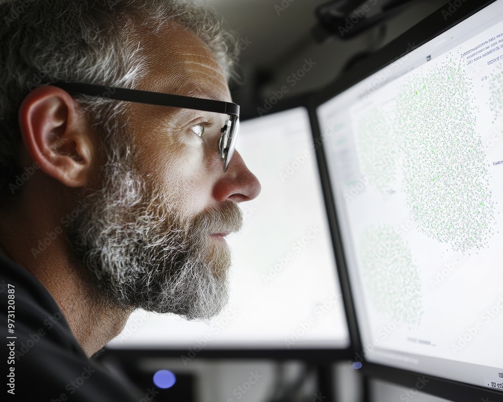 Poster caucasian male scientist in his 40s analyzing monkeypox samples with ai tools late at night in a dim
