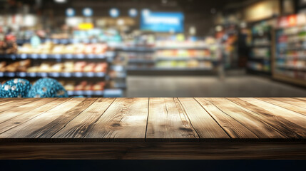 Empty wood table top with supermarket blurred background for product display, Modern home interior with wood table blurred living room background