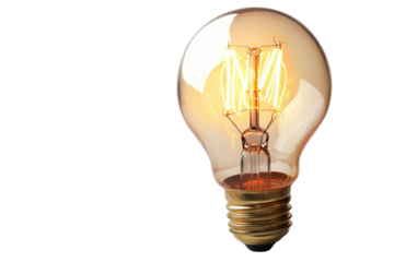 Vintage incandescent light bulb glowing on transparent background. showcasing classic filament design and warm illumination.