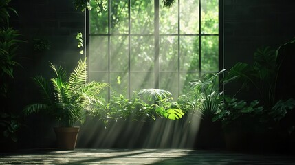 A vintage greenhouse filled with lush, overgrown tropical plants, sunlight streaming through foggy glass panels greenhouse, botanical, nature overgrowth