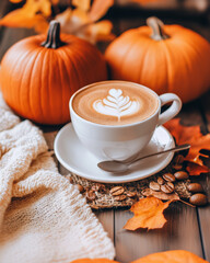 A cozy scene of warm beverages and autumn decorations, using Pumpkin Orange, Creamy White, and Espresso Brown. Capturing the essence of fall with a comforting and inviting atmosphere.
