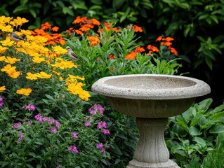 A cracked stone birdbath surrounded by wild plants and colorful flowers, with birds perching on its rim birdbath, wildlife, botanical harmony
