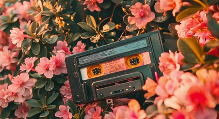 Vintage Audio Cassette Tape Nestled Amidst Vibrant Flowers