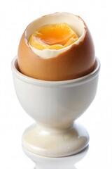 Soft-boiled egg in an egg cup with a perfectly runny yolk on a white background
