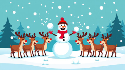 Snowman and reindeers in snowy forest