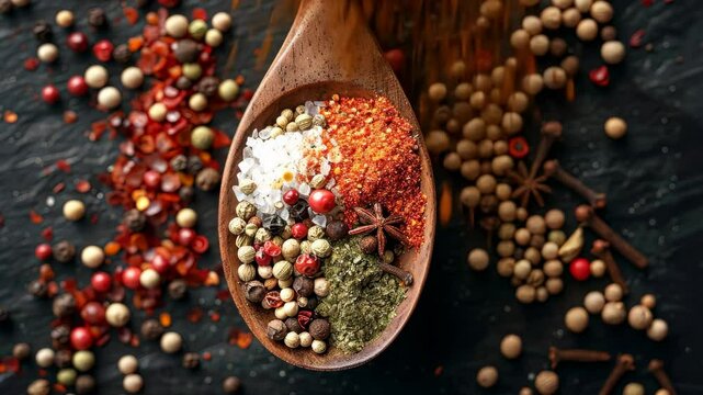 Aromatic spices arranged on a wooden spoon with scattered herbs and seeds on a dark backdrop