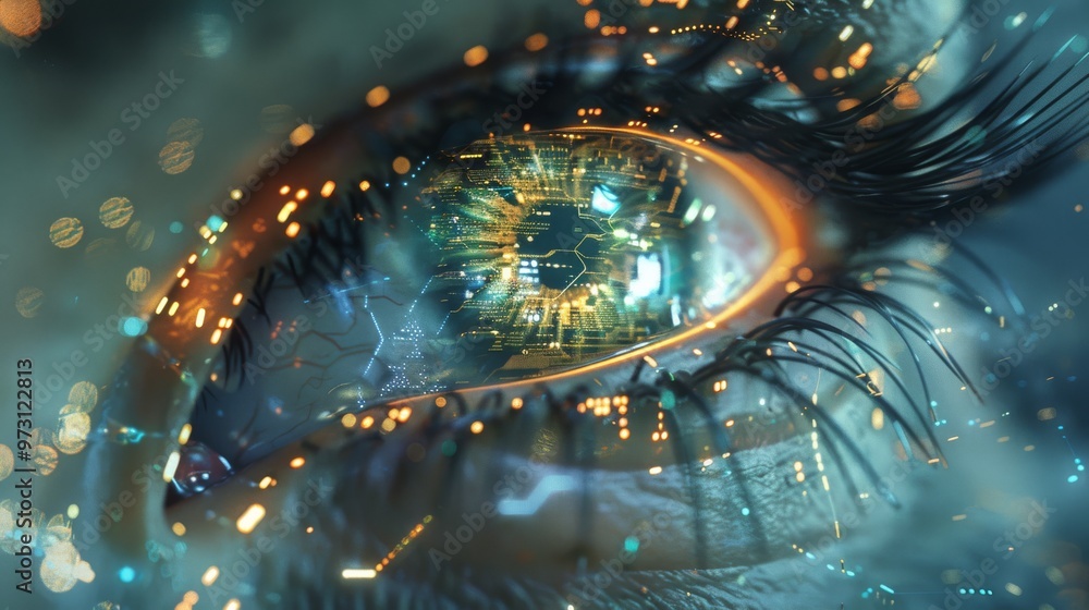 Aufkleber Detailed image of a cybernetic eye with a complex network of microchips and a luminous iris, set against a simple background